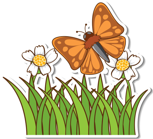 一只可爱的蝴蝶在草地贴纸上飞舞图片下载