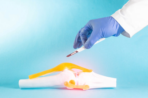外科医生拿着手术刀靠近蓝色背景下的膝关节模型。概念膝关节手术，交叉韧带置换，半月板手术。文本复制空间图片下载