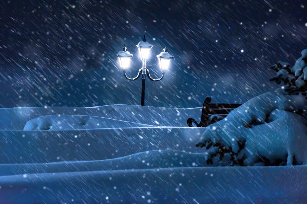 圣诞之夜，公园小巷的雪暴。街灯下的雪。图片下载