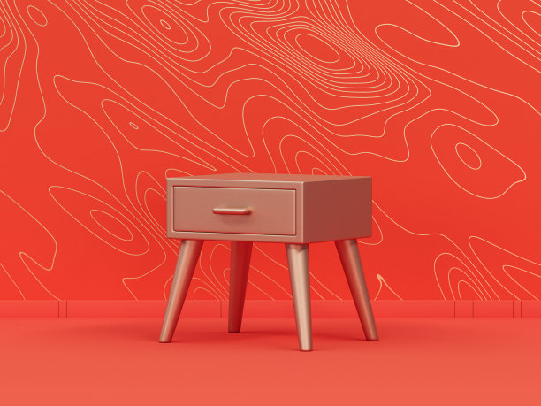 单色单金属金色床头柜，橙色背景室内波浪图案，单色，3d图标，3d渲染图片下载