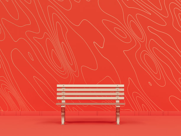 公园长椅和植物在纯单色橙色房间与波浪图案墙。3d渲染，带有复制空间的空房间图片下载