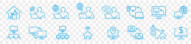 自由工作者，在家工作，笔记本电脑，电脑显示器，工作空间，线图标向量。图片下载