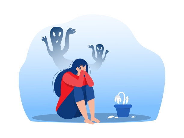 抑郁女孩与焦虑和可怕的幻想感受悲伤，恐惧，悲伤矢量插图图片下载
