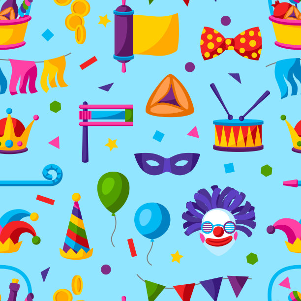 快乐的普林节犹太人无缝模式。背景与传统符号。图片下载