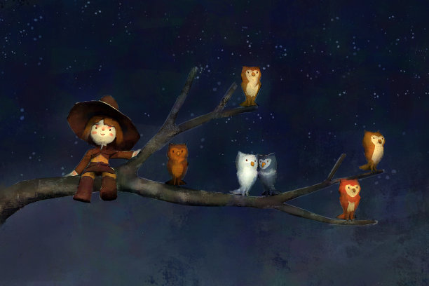 数字艺术绘画集女巫坐在树枝上与许多猫头鹰在晚上。图片下载
