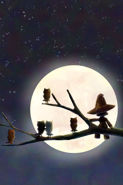 数字艺术绘画集女巫坐在树枝上与许多猫头鹰在晚上。图片下载