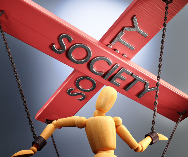 社会控制，权力，权威和操纵的控制条与文字社会拉绳(链)的木偶戏，三维插图图片下载