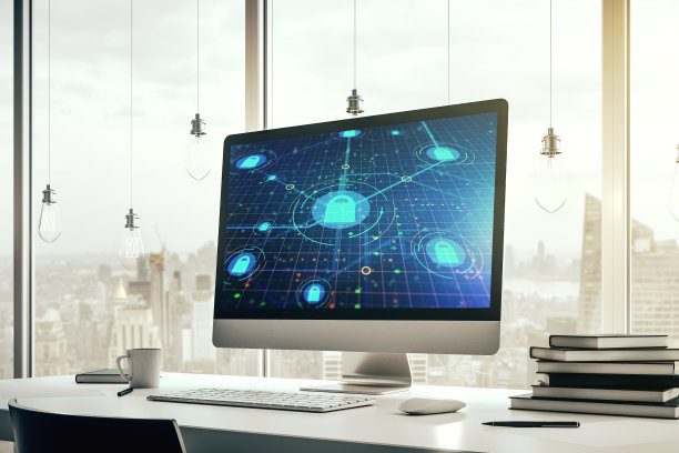 创意锁草图与芯片全息图在现代计算机监视器，保护个人数据的概念。三维渲染图片下载