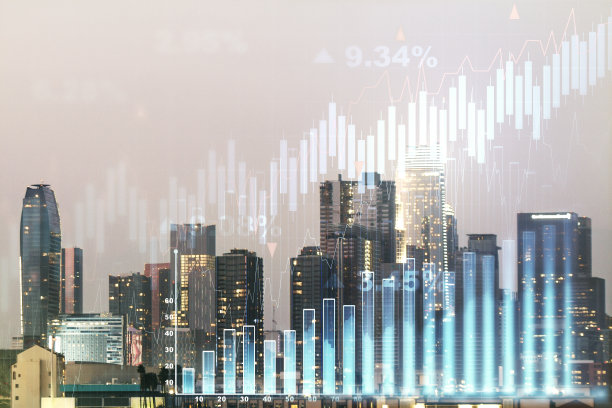 双重曝光抽象创意金融图表全息图的洛杉矶摩天大楼的背景，研究和战略概念图片下载
