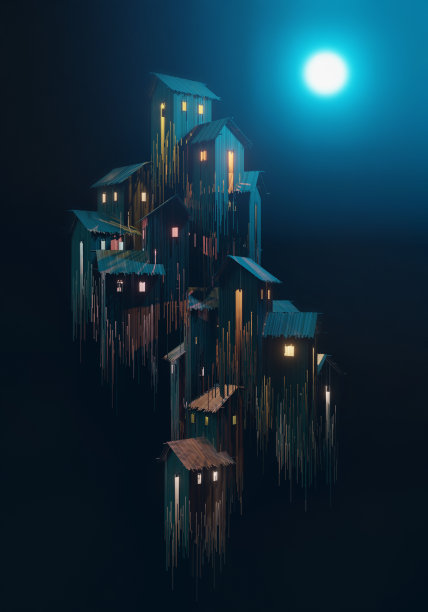 一组哥特式房屋在月光下的黑色背景，3d数字生成的图像图片下载