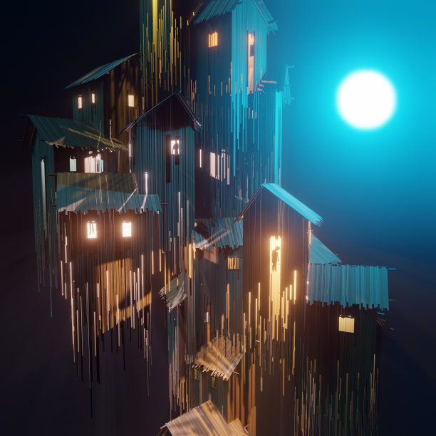 一组毛骨悚然的老木房子与尖屋顶在月光下黑色背景，3d数字生成的图像图片下载