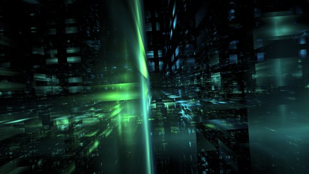 未来城市的现代数字3d建筑，明亮的发光窗户，墙上的倒影。三维渲染图片下载