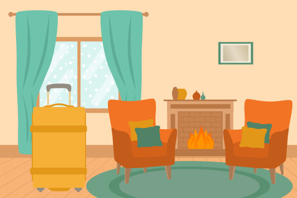 带黄色行李，壁炉，扶手椅和窗外的雪景的寒假概念图片下载