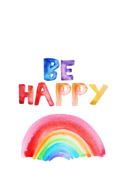 水彩手绘抽象彩虹在明亮的色彩和快乐的字母图片下载