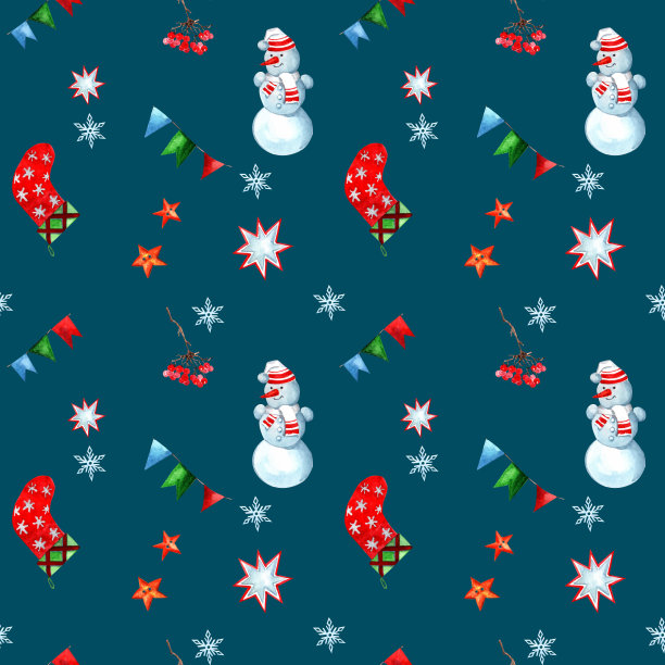 新年无缝图案雪人，袜子，雪花，旗帜。圣诞快乐。冬季节日装饰蓝色背景。手画水彩。图片下载