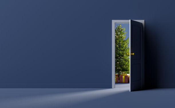 空墙，门开着，圣诞树在后面图片下载