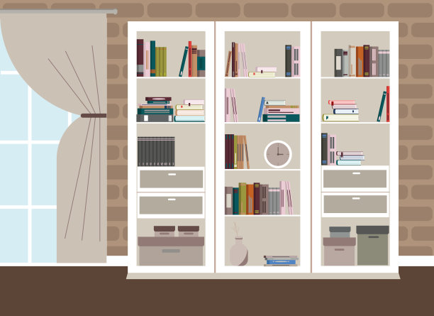 经典的客厅内饰有落地窗和一个有很多书的衣柜图片下载