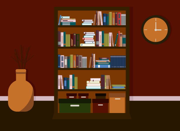 房间内部有书柜、时钟和花瓶图片下载