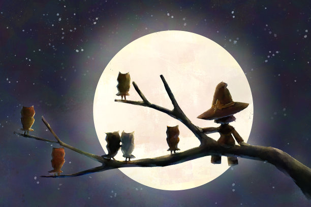 数字艺术绘画集女巫坐在树枝上与许多猫头鹰在晚上。图片下载