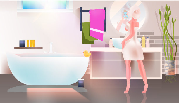 美丽的女人应用面膜现代浴室内部图片下载