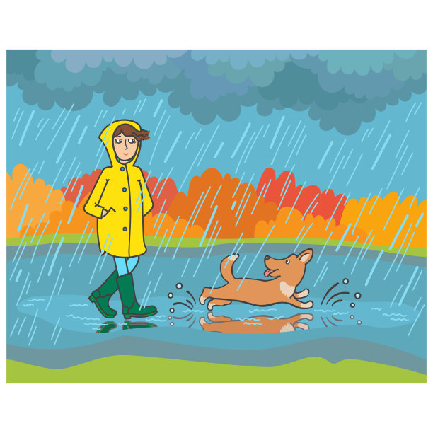 一个女孩穿着雨衣和雨靴走在雨中的狗在秋天的城市公园矢量插图图片下载