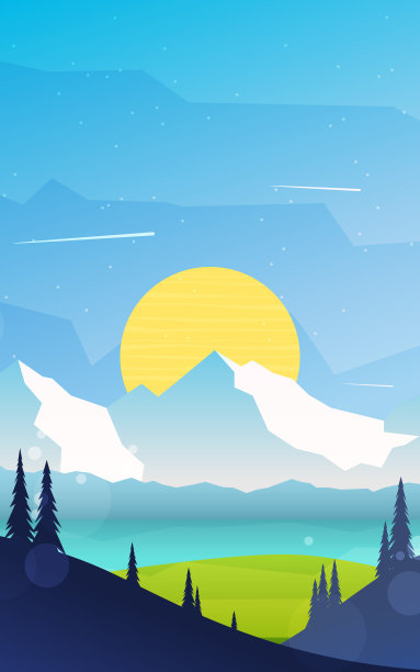 发现、探索、冒险。山区森林。晚上,天,日落。多边形的风景。平坦的插图。极简风格的图形设计传单，横幅，背景，优惠券，代金券图片下载