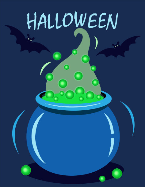 万圣节海报，派对邀请或贺卡。矢量插图传单女巫大锅，绿色药水泡沫和蝙蝠图片下载