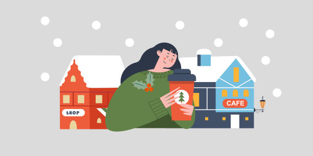 拿着一杯热饮的可爱女孩。向量圣诞插图。图片下载