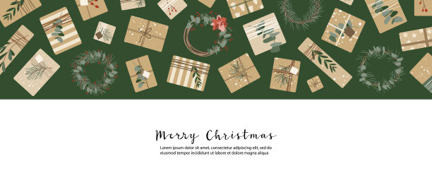 牛皮纸做的圣诞礼物，花环。质朴的工艺礼品盒。生态装饰，桉树，云杉。圣诞节和新2022年庆祝活动。矢量平面卡通插图图片下载