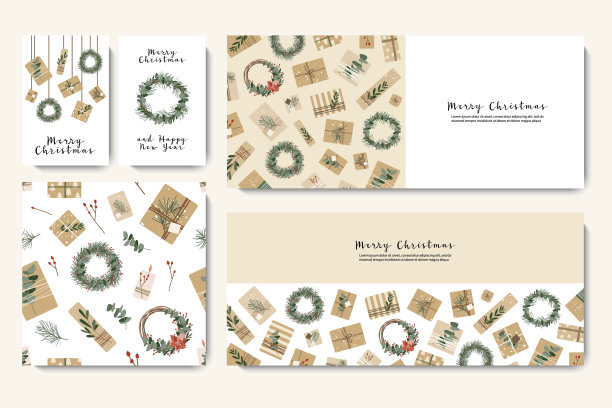 牛皮纸做的圣诞礼物，花环。质朴的工艺礼品盒。生态装饰，桉树，云杉。圣诞节和新2022年庆祝活动。矢量平面卡通插图图片下载