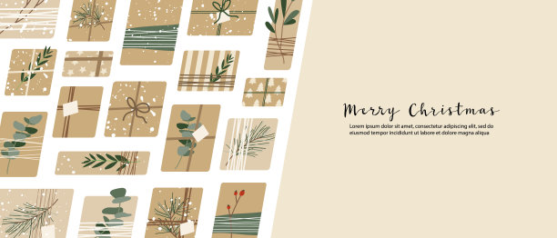 牛皮纸做的圣诞礼物，花环。质朴的工艺礼品盒。生态装饰，桉树，云杉。圣诞节和新2022年庆祝活动。矢量平面卡通插图图片下载