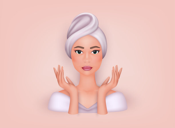 头上缠着毛巾的女人。水疗和护肤概念。3D网络矢量插图。图片下载