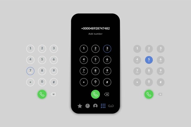 电话拨号。逼真的手机屏幕与数字拨号键，用户界面显示设计。矢量图形图片下载