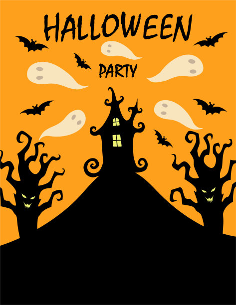 万圣节海报，派对邀请或贺卡。矢量插图传单闹鬼的房子，可怕的树，鬼和蝙蝠图片下载