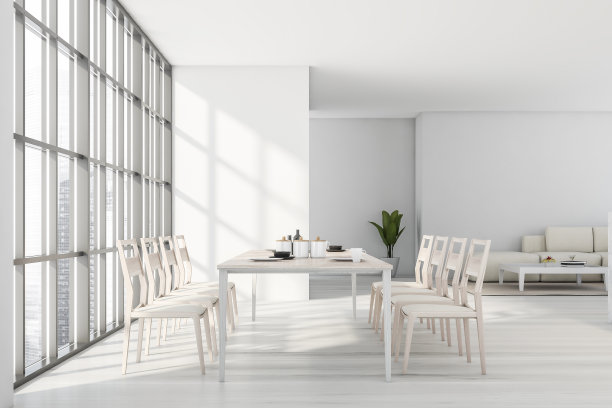 带有沙发的现代白色餐厅图片下载