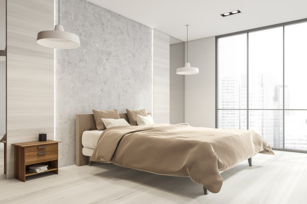 白色木质卧室有两个吊坠。角落里的观点。图片下载