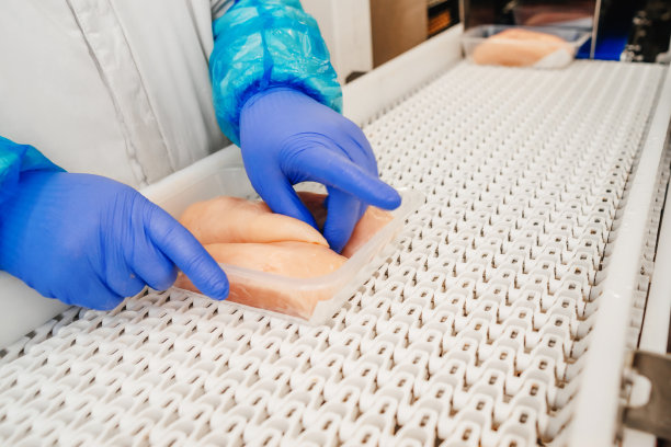 现代化食品厂自动化的肉类包装和切割生产线。肉类加工设备。食品、肉制品、鸡肉片生产线在塑料包装上输送带。图片下载