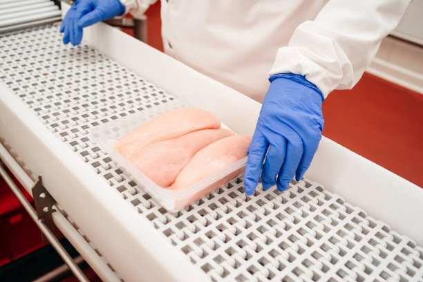 肉类加工厂。肉类工厂的工业设备。现代化的家禽加工厂。在养鸡场工作的人们-照片。现代化食品厂的自动化生产线。图片下载