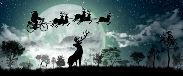 圣诞老人骑着自行车越过满月的剪影。图片下载