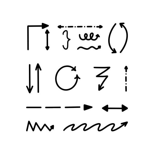 一套手画的装饰箭头图标。草图风格的矢量插图。箭头元素用毛笔绘制。独立的涂鸦线曲线为商业信息图箭头老式光标ui设计图片下载