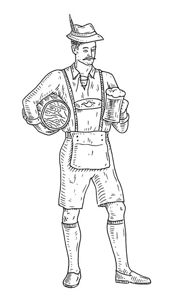 身穿巴伐利亚传统短裤的男子手持啤酒杯和啤酒桶。的雕刻图片下载