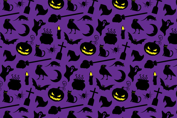 无缝万圣节图案在卡通风格的紫色背景图片下载