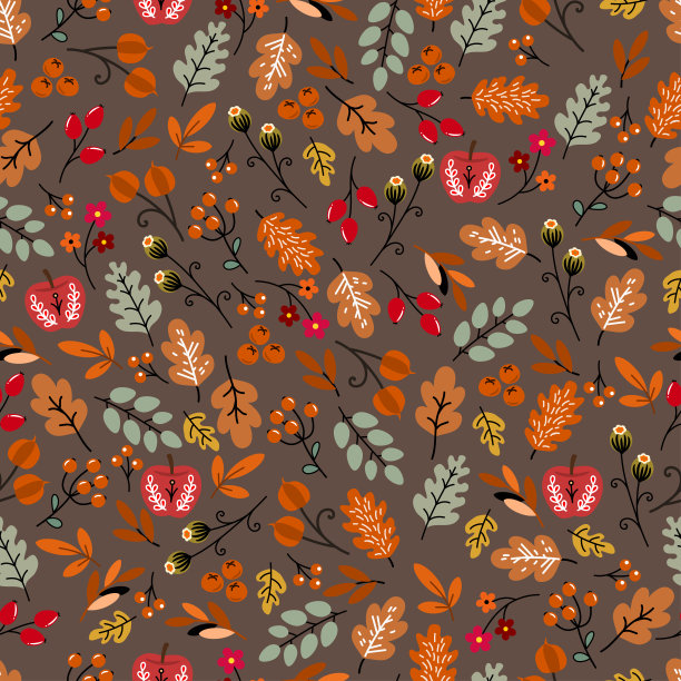 美丽，无缝，可爱的秋天图案与叶和花矢量素材图片