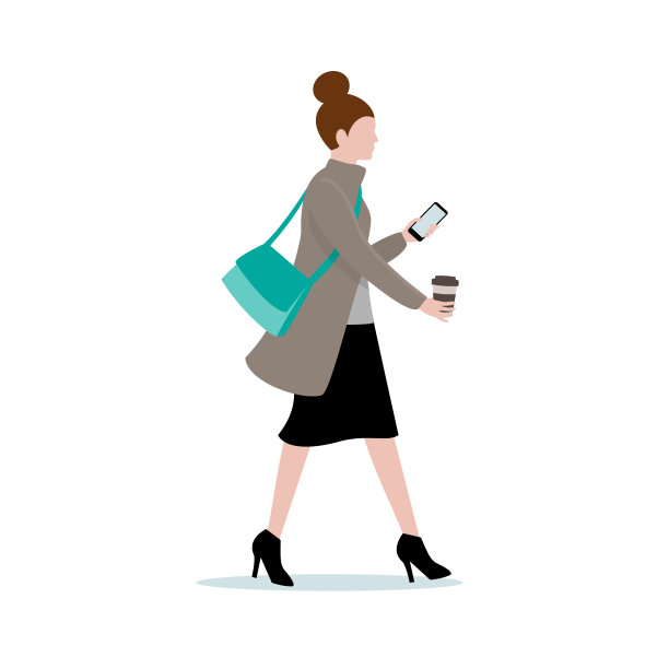 女商人手忙脚乱，拿着手机和咖啡杯。图片下载