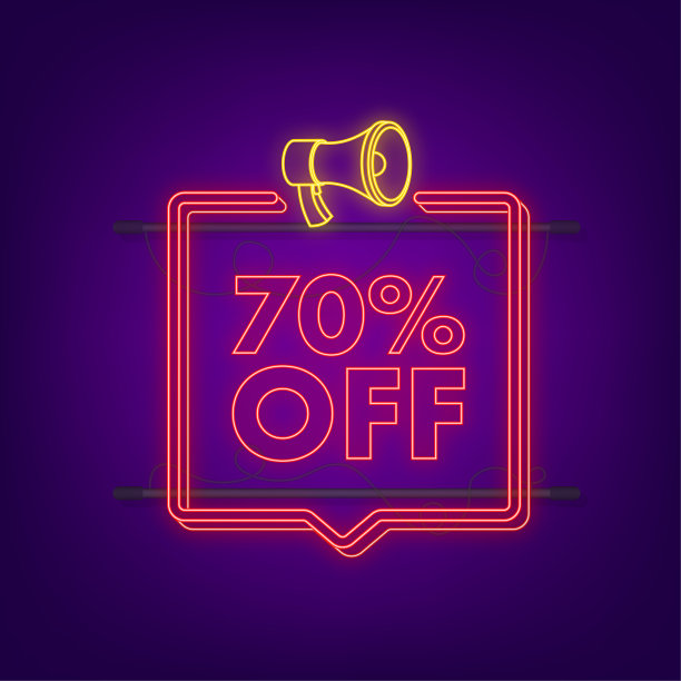 七折促销霓虹灯横幅和扩音器。折扣报价标签。七折促销平面图标与长影子。矢量图图片下载