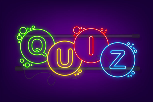 测验标志与语音气泡符号，概念问卷显示唱歌，测验按钮，问题竞赛。霓虹灯图标。向量股票插图图片下载
