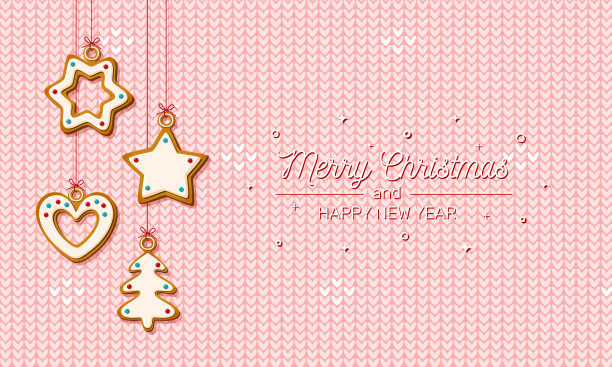 在粉红色针织背景上悬挂圣诞姜饼。房子和圣诞树形状的节日饼干，星星和雪花和节日贺卡的心。矢量图图片下载