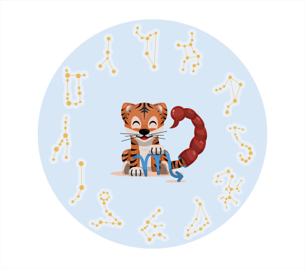 虎宝宝与天蝎座星座图标矢量卡通插图占星图和东方新年。图片下载