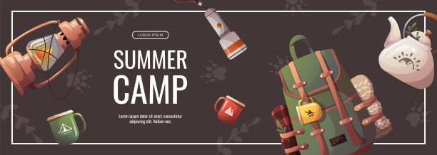 宣传标语，旅游背包，水壶，煤油灯，手电筒。露营，旅行，旅行，徒步旅行，露营者，自然，旅行，野餐的概念。图片下载