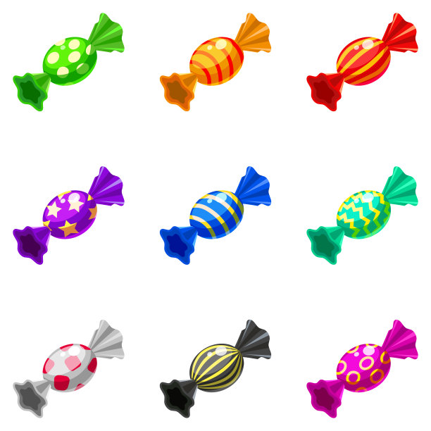 糖果等距设置。包装糖果，彩色糖果，焦糖棒棒糖。矢量插图卡通风格图片下载